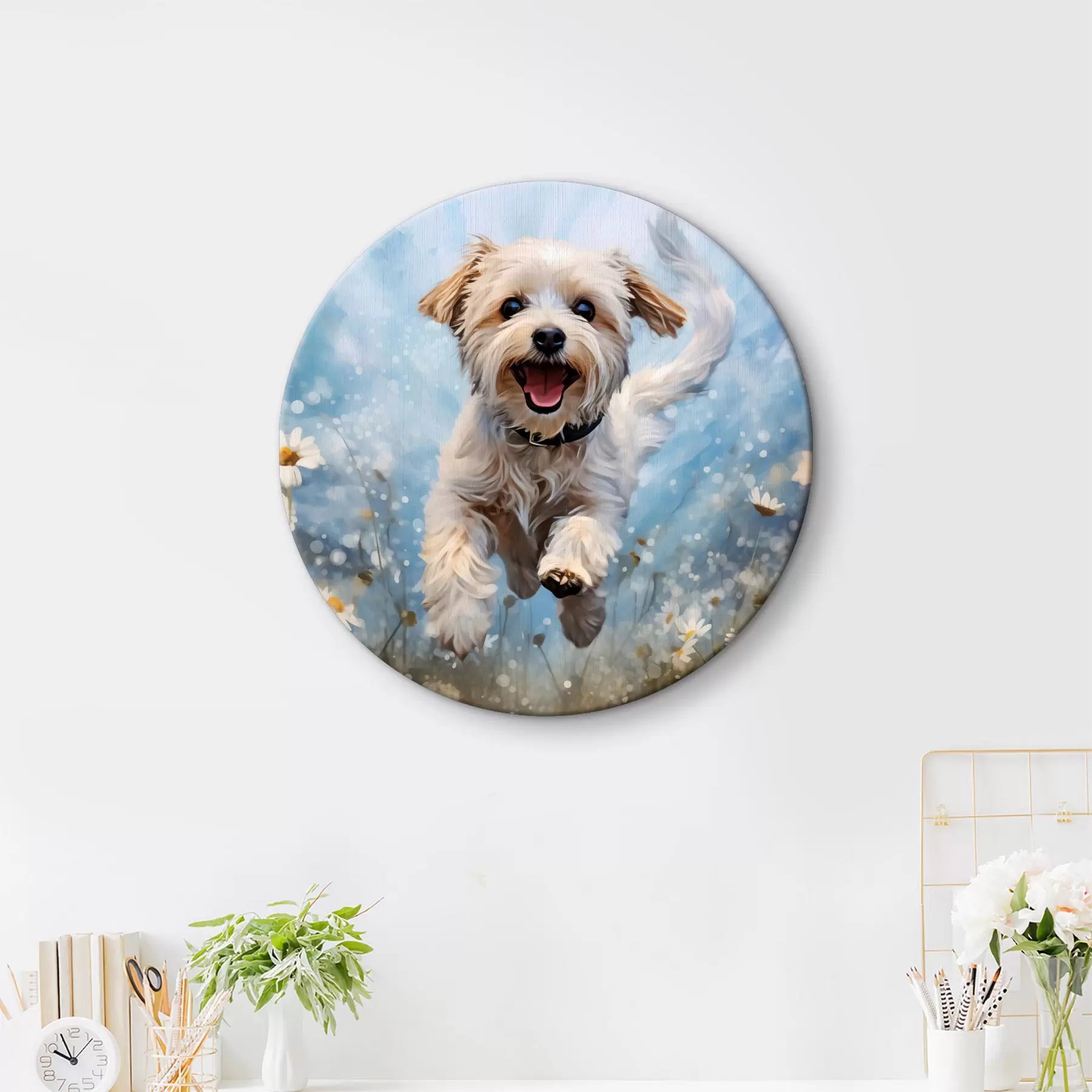  Schilderijen Klein wit hondje springt tussen madeliefjes op een blauwe achtergrond aquarel r40092