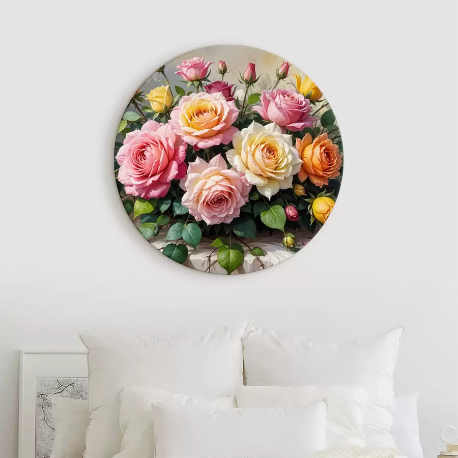  Peintures Un bouquet de roses colorées dans différentes nuances de rose, de jaune et d'orange, disposé avec des feuilles vertes r40149