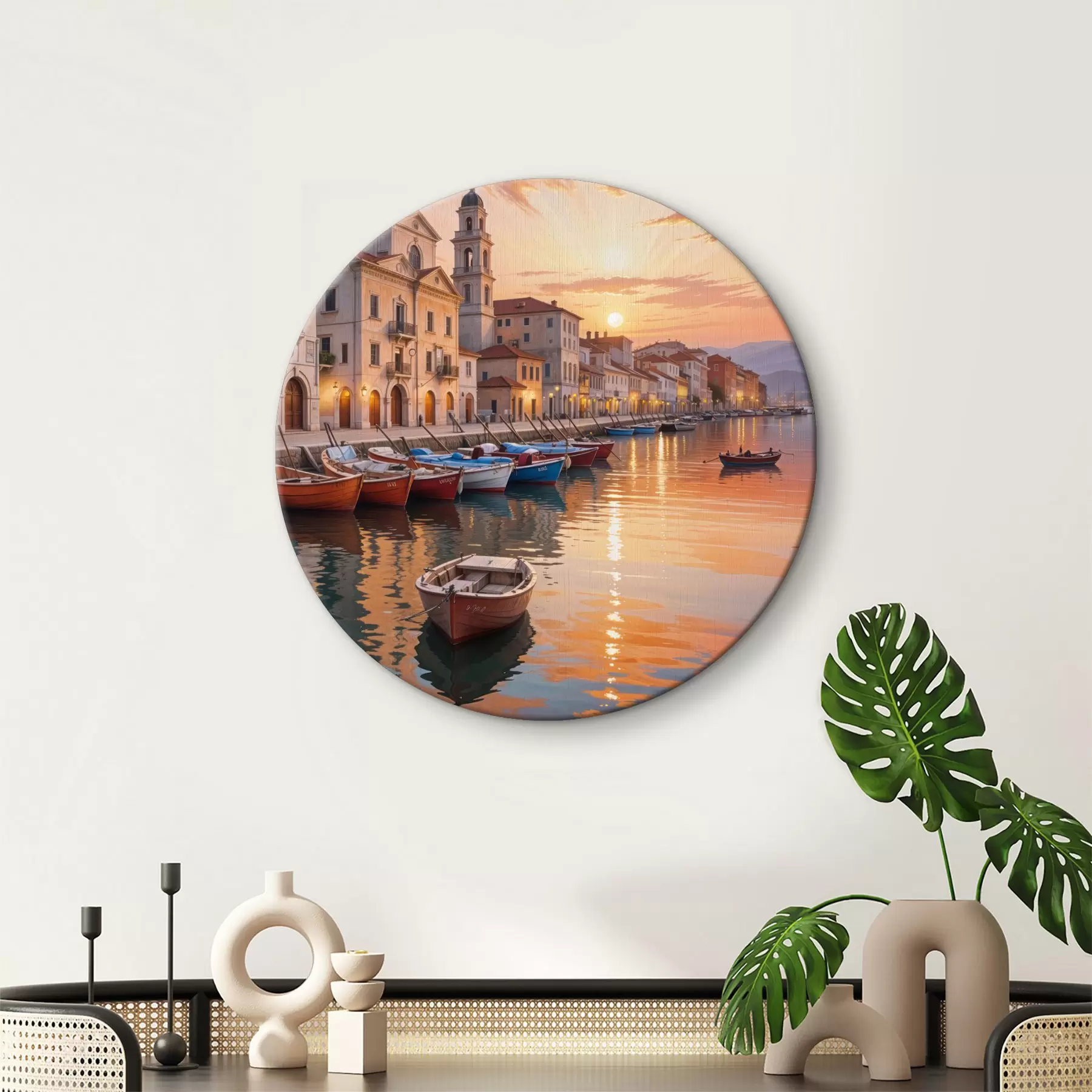  Schilderijen Italiaanse kustplaats bij zonsondergang, met kleurrijke gebouwen langs de waterkant en boten die in het kalme water dobberen r40150
