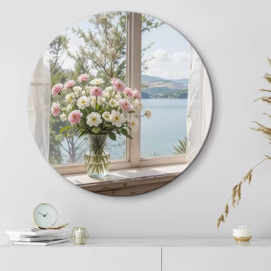  Schilderijen Een boeket van roze en witte bloemen in een glazen vaas op een vensterbank, met een schilderachtig meer en bergen r40151