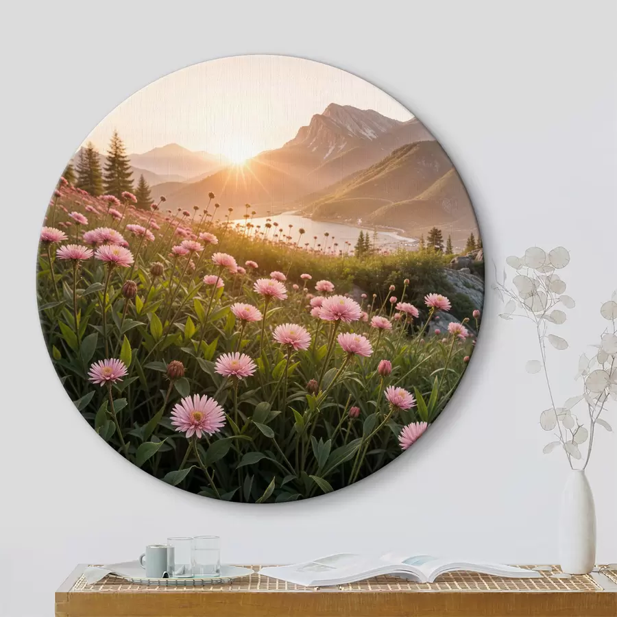  Schilderijen Een veld met roze madeliefachtige bloemen op de voorgrond, met een groot gebergte op de achtergrond r40154