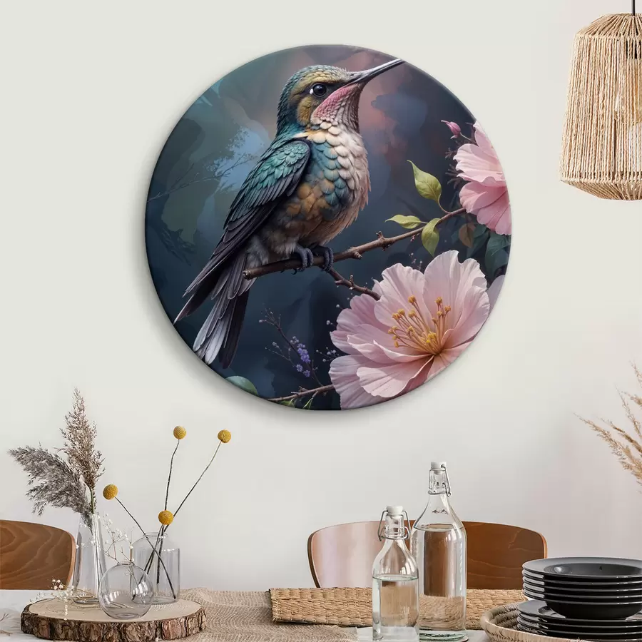  Schilderijen Een kleurrijke kolibrie zit op een tak met op de achtergrond levendige roze bloemen r40155