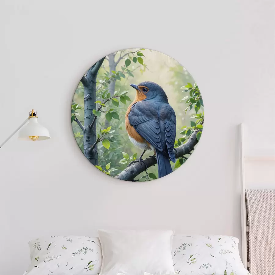  Schilderijen Twee blauwe en oranje vogels zitten op een boomtak met groene bladeren op de achtergrond r40156