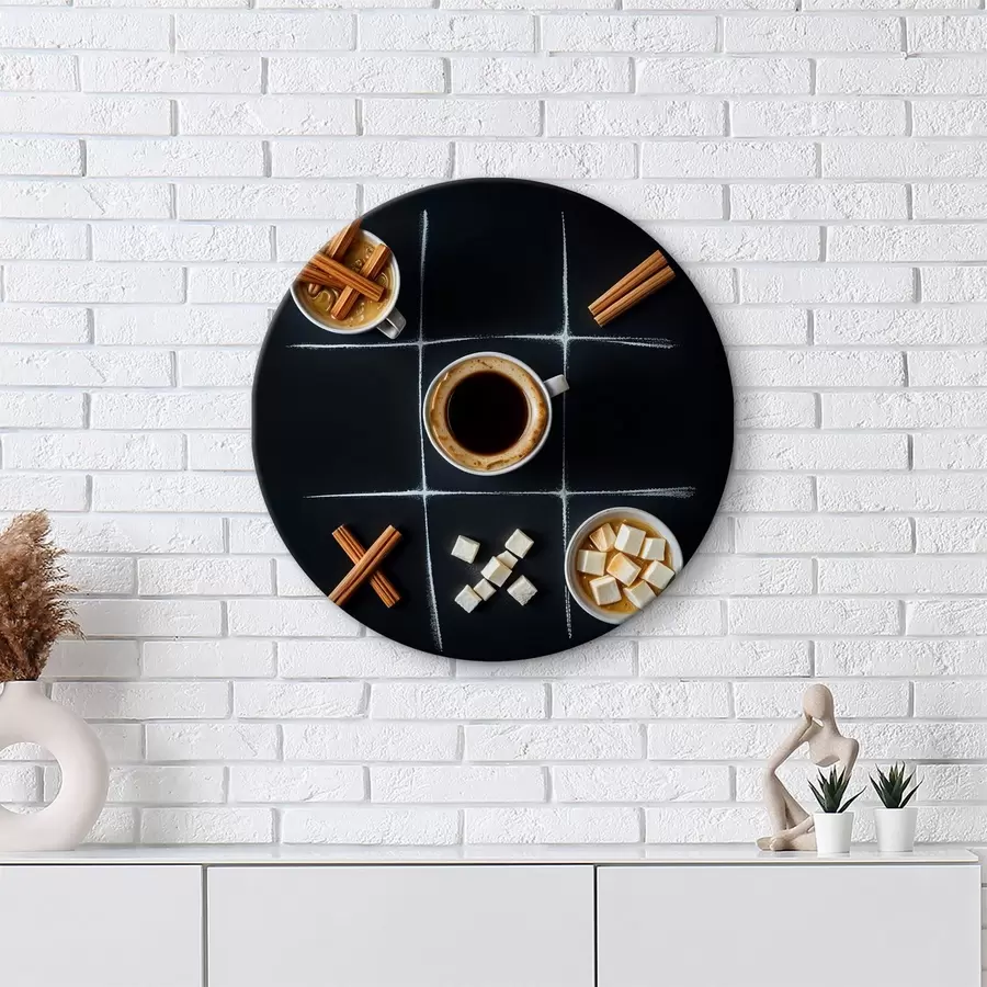  Schilderijen Een kopje koffie met kaneelstokjes, suikerklontjes en marshmallows gerangschikt in een boter-kaas-en-eieren-raster r40163