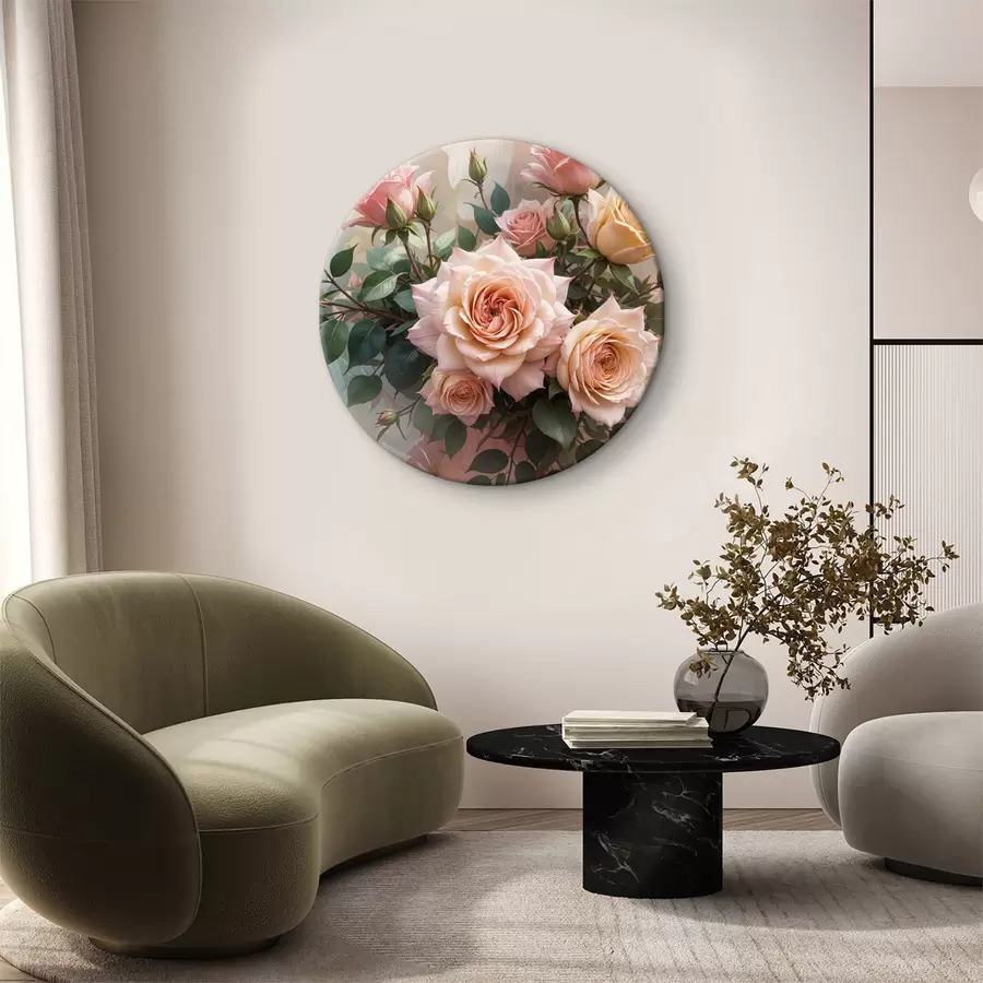  Peintures Un bouquet de belles roses roses avec des feuilles vertes sur un fond doux et flou r40168