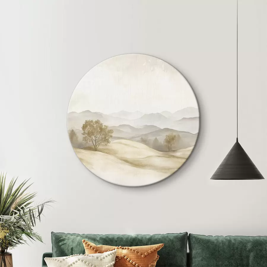 Fotobehang Natuurlandschap in beige kleurenpalet, weide, bomen, aquareltekening r40231