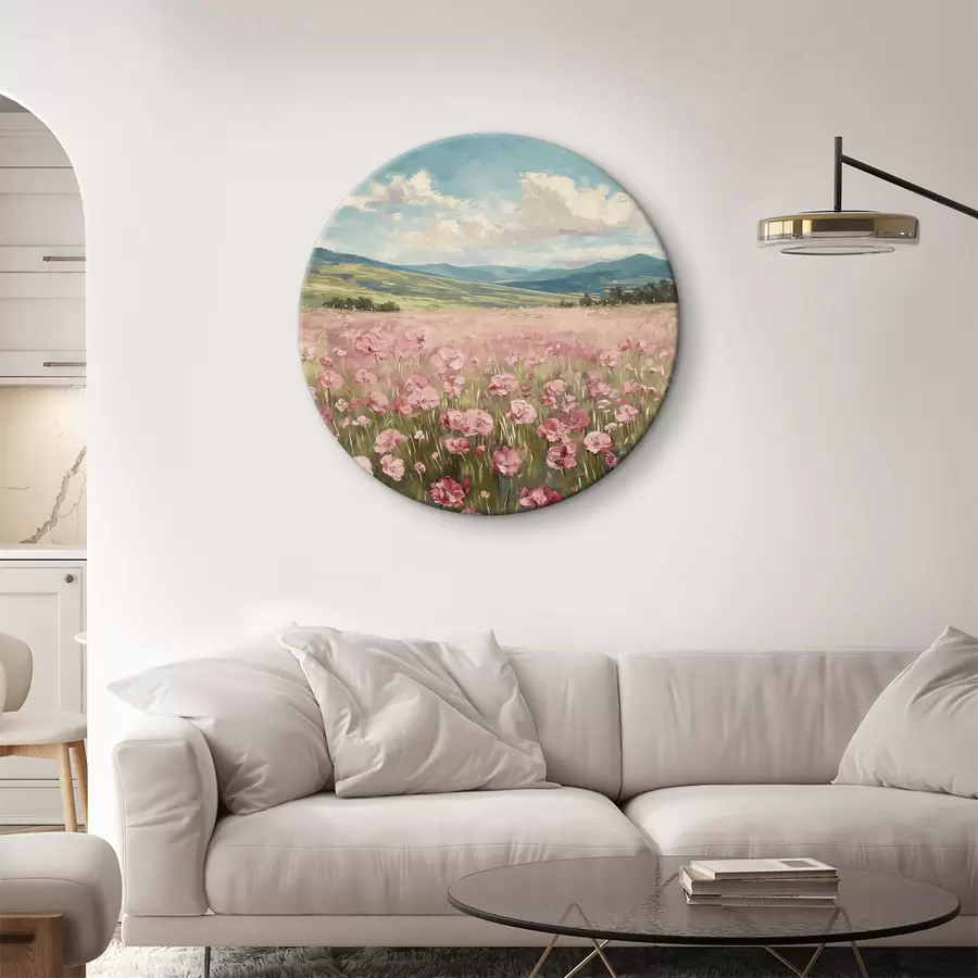  Schilderijen Weide met roze bloemen, bergen, natuurlandschap, blauwe lucht met wolken, acryl r40232