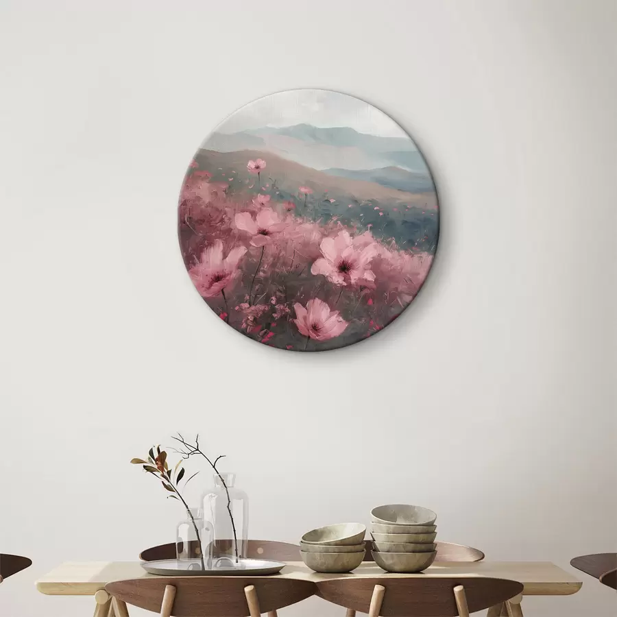  Peintures Fleurs roses dans le pré, paysage naturel, montagnes, peinture à l'huile, coups de pinceau vifs r40233