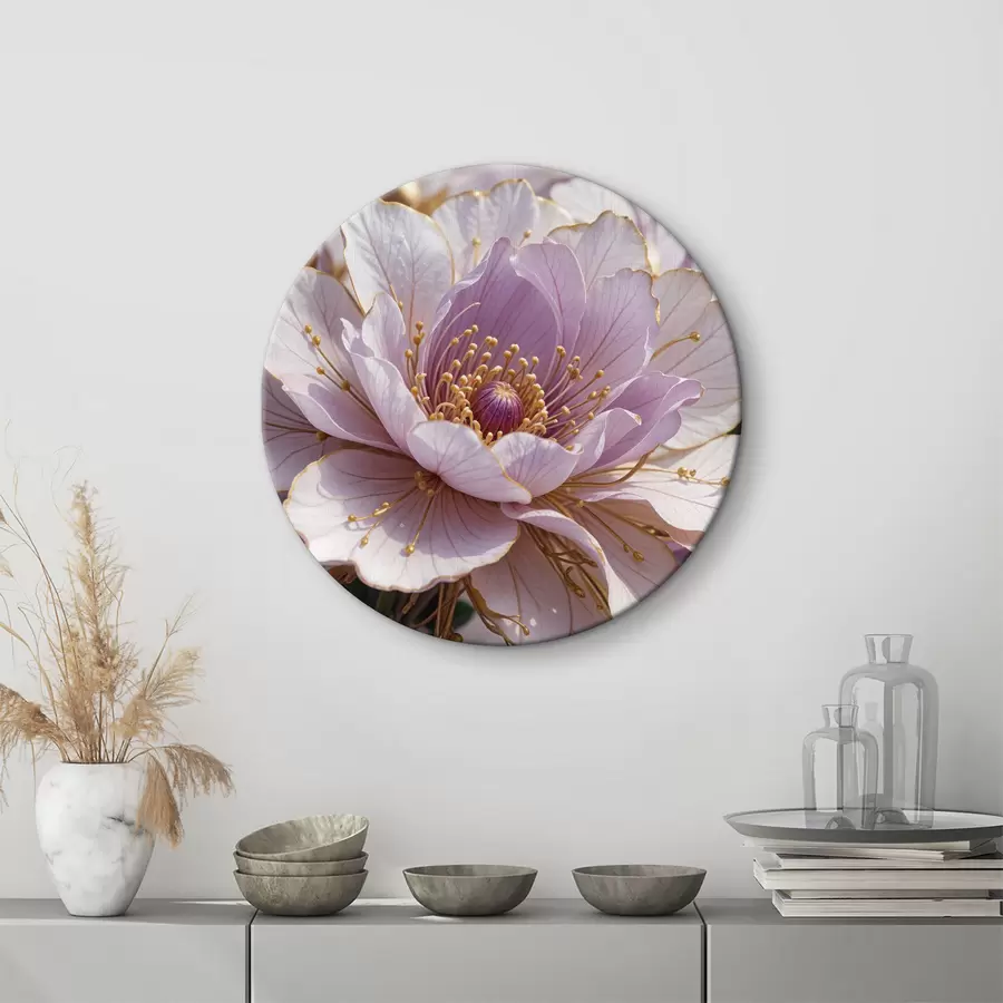  Schilderijen Een close-up van een grote, lichtroze pioenroosbloem met delicate bloemblaadjes en een felgeel hart r40384