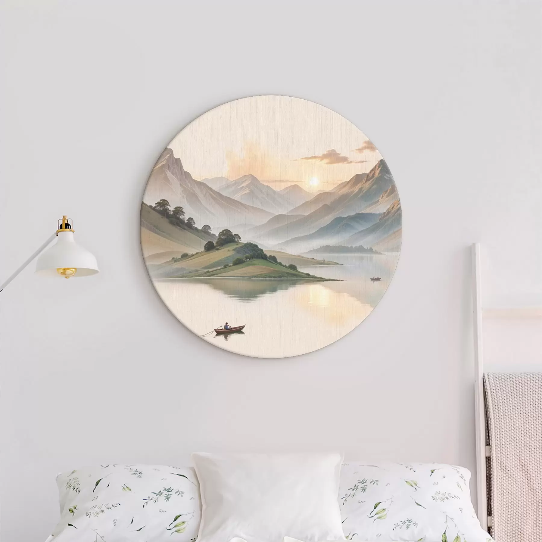  Peintures Un paysage serein avec un lac reflétant des montagnes en arrière-plan avec un petit bateau sur l'eau calme r40391