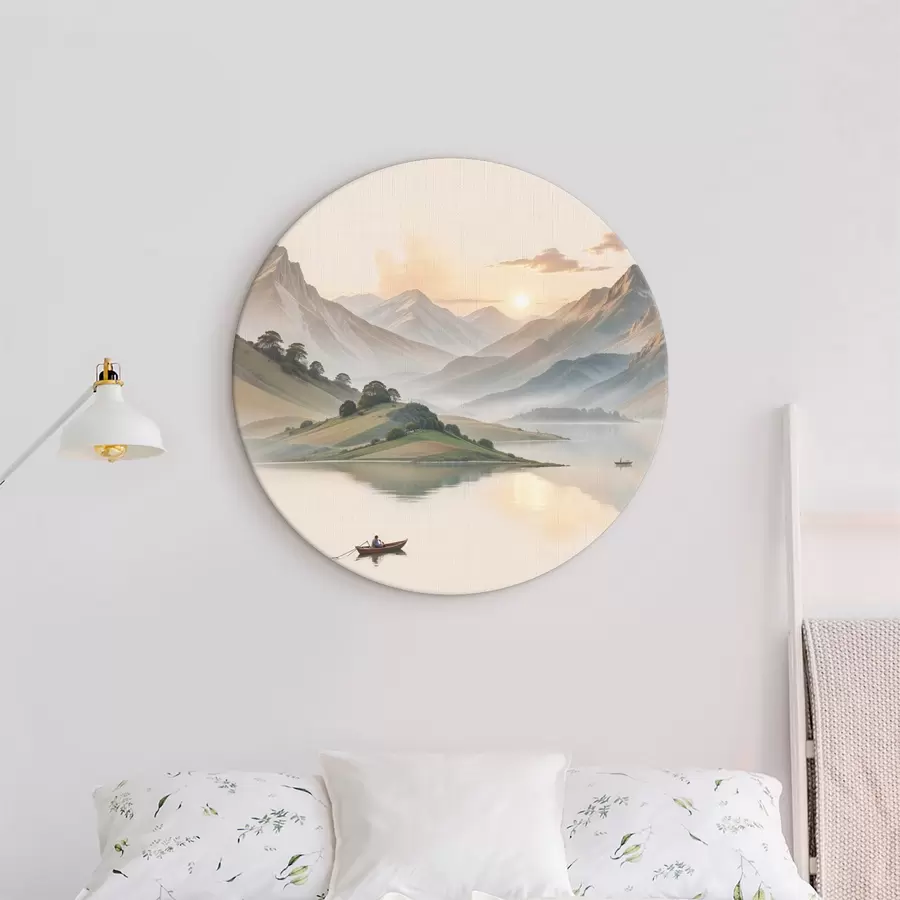  Schilderijen Een sereen landschap met een meer dat bergen op de achtergrond weerspiegelt, met een kleine boot op het kalme water r40391