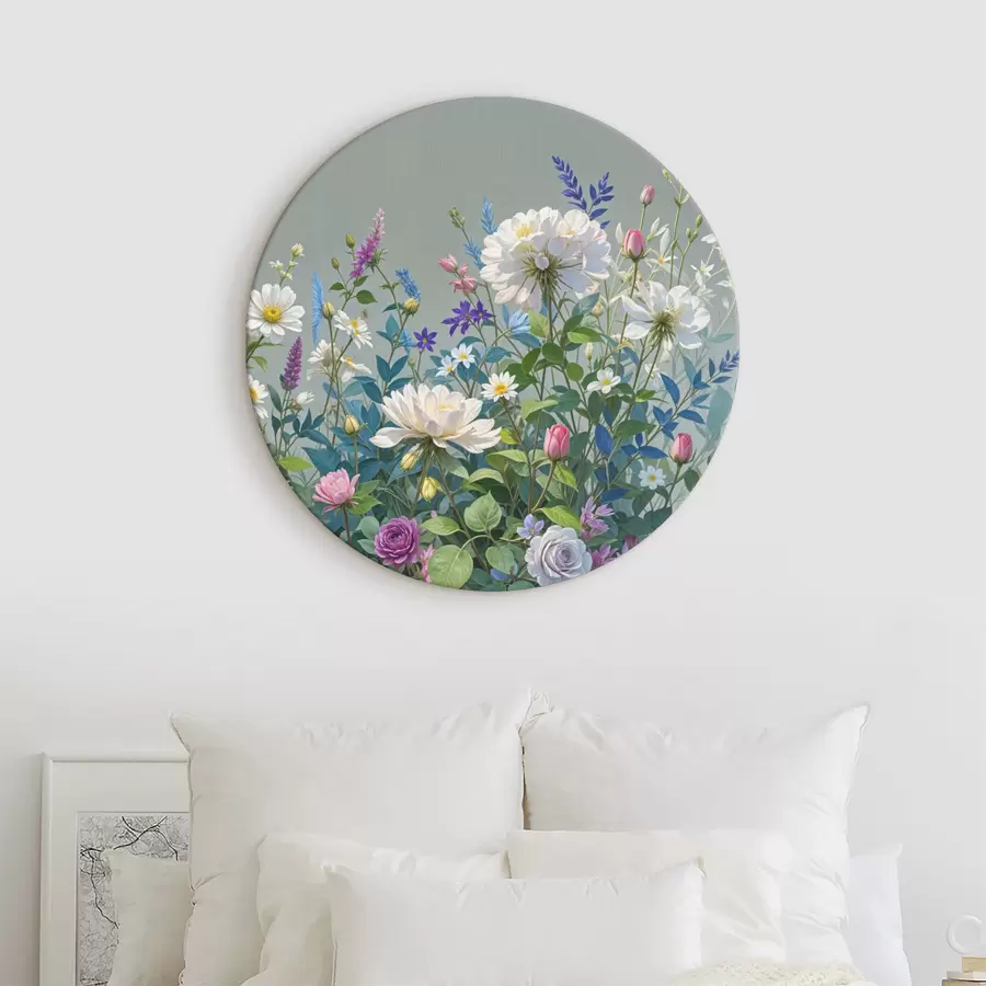  Schilderijen Een weelderige, levendige tuin vol met een verscheidenheid aan kleurrijke bloemen en bloeiende planten tegen een grijze achtergrond r40393