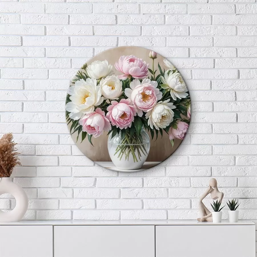  Peintures Un bouquet de belles pivoines roses et blanches dans un vase en verre, disposé sur une surface en bois r40398