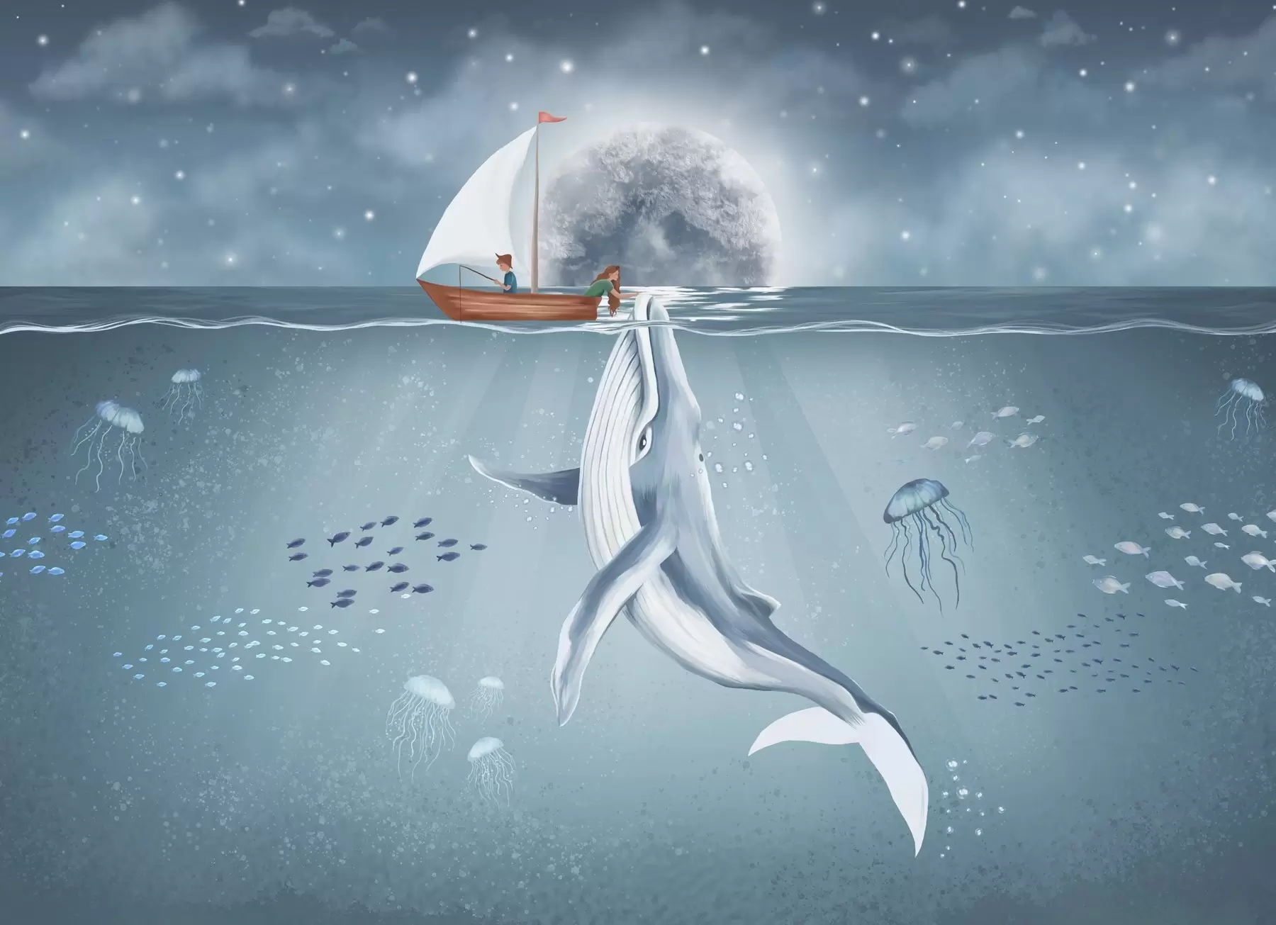 Fotobehang Kinderontwerp met walvis, maan en boot met kinderen w02476