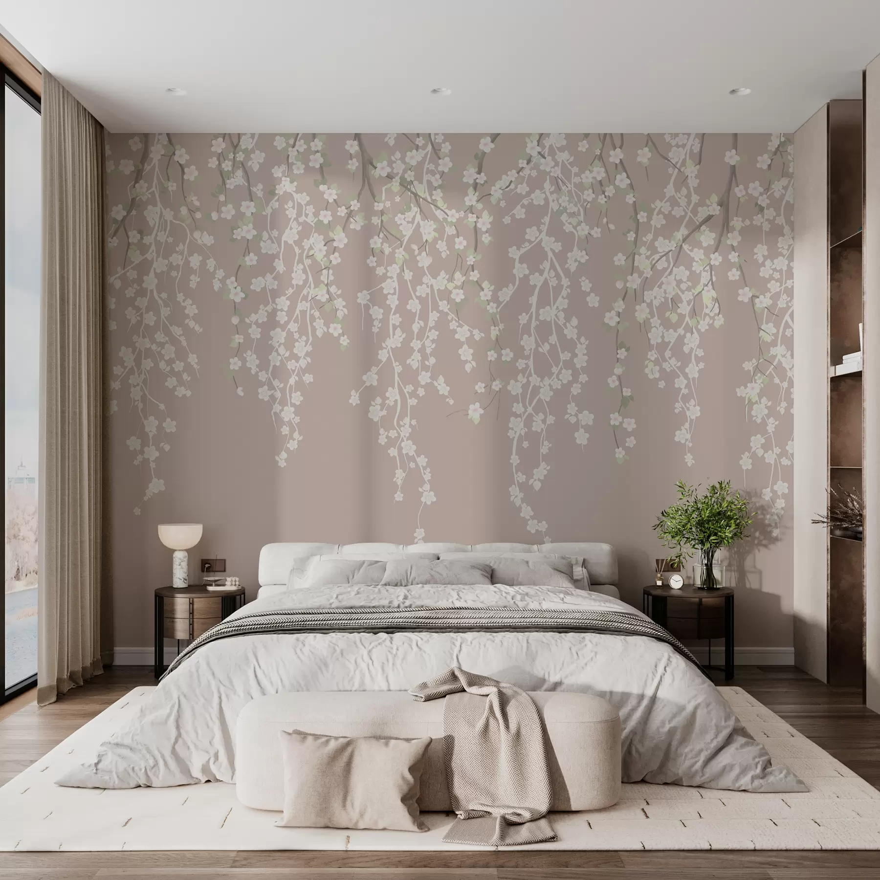 Fotobehang Vloeiende takken met bloemen op een pastelkleurige achtergrond w02479v2