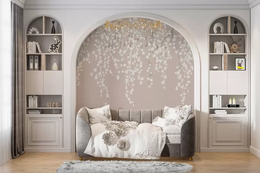Fotobehang Vloeiende takken met bloemen op een pastelkleurige achtergrond w02479v2