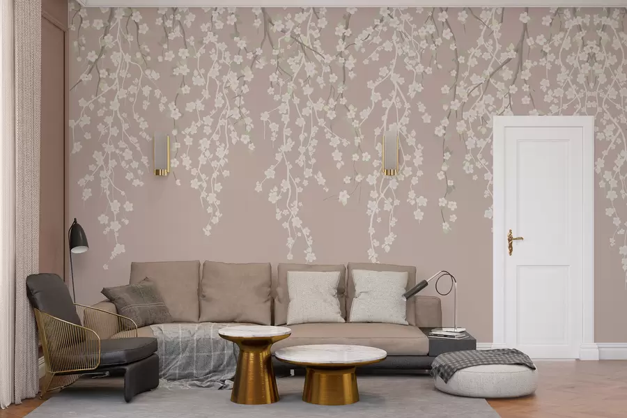 Fotobehang Vloeiende takken met bloemen op een pastelkleurige achtergrond w02479v2