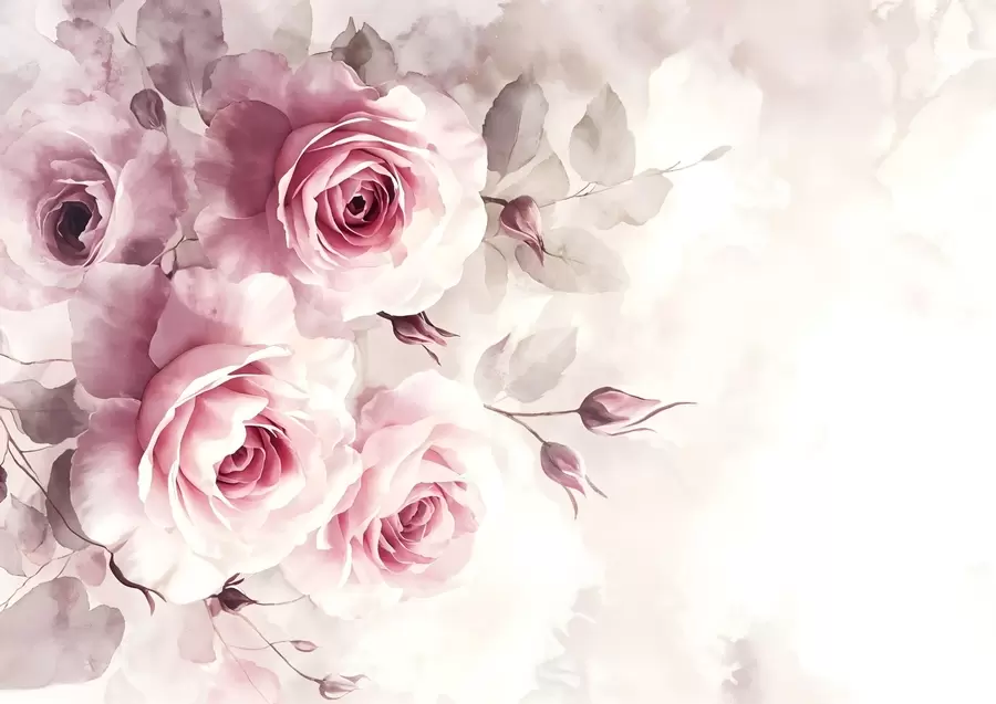 Papier peint photo Délicates roses et feuilles rose pastel sur fond doux et flou d'imitation d'aquarelle w08459