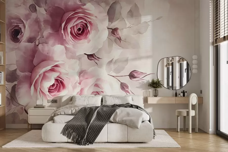 Fotobehang Delicate pastelroze rozen en bladeren met zachte, vage aquarelimitatieachtergrond w08459