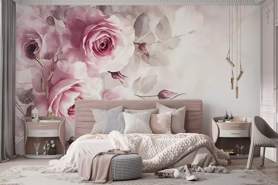 Fotobehang Delicate pastelroze rozen en bladeren met zachte, vage aquarelimitatieachtergrond w08459