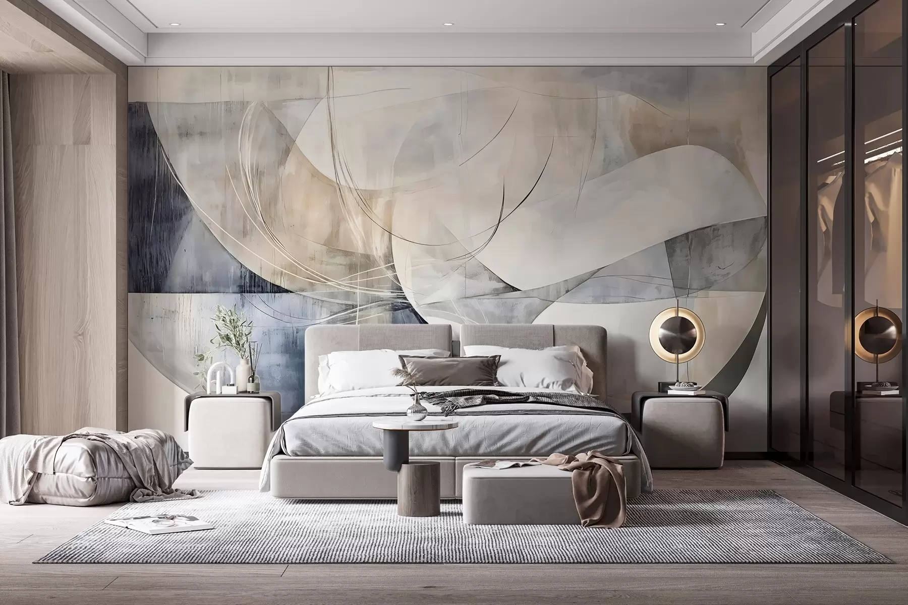 Fotobehang Abstracte vormen in wit, grijs, beige en blauw tegen een vage achtergrond met textuur w08461