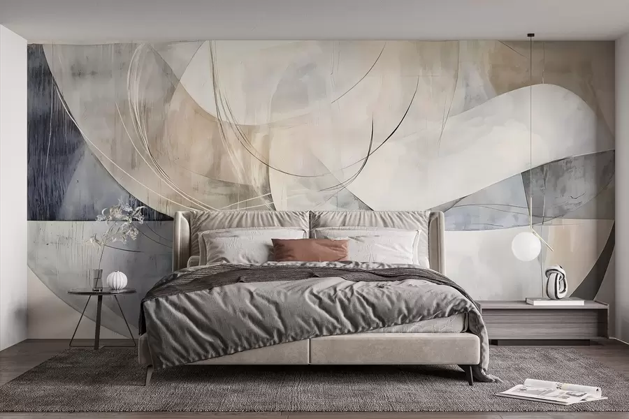 Fotobehang Abstracte vormen in wit, grijs, beige en blauw tegen een vage achtergrond met textuur w08461