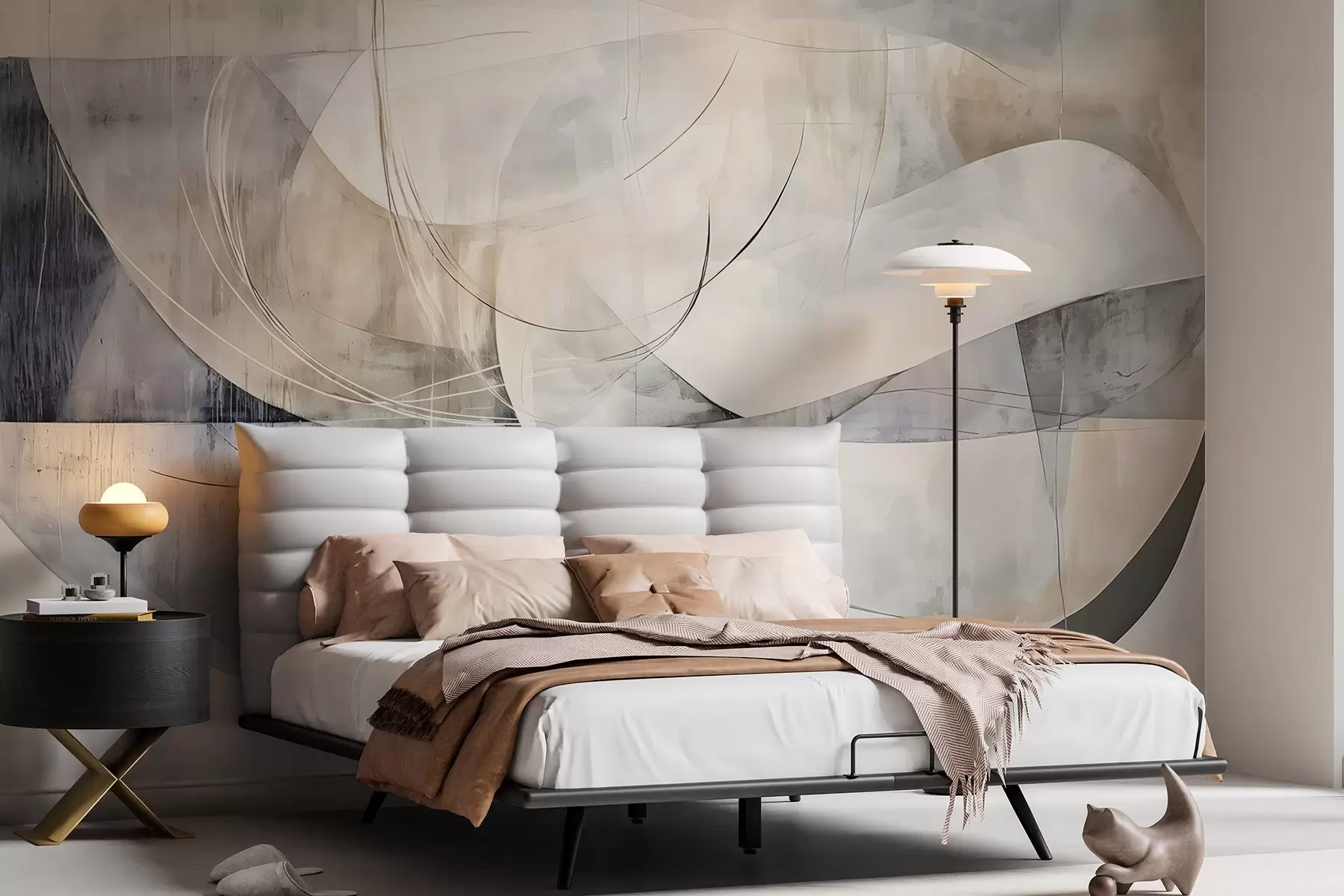 Fotobehang Abstracte vormen in wit, grijs, beige en blauw tegen een vage achtergrond met textuur w08461