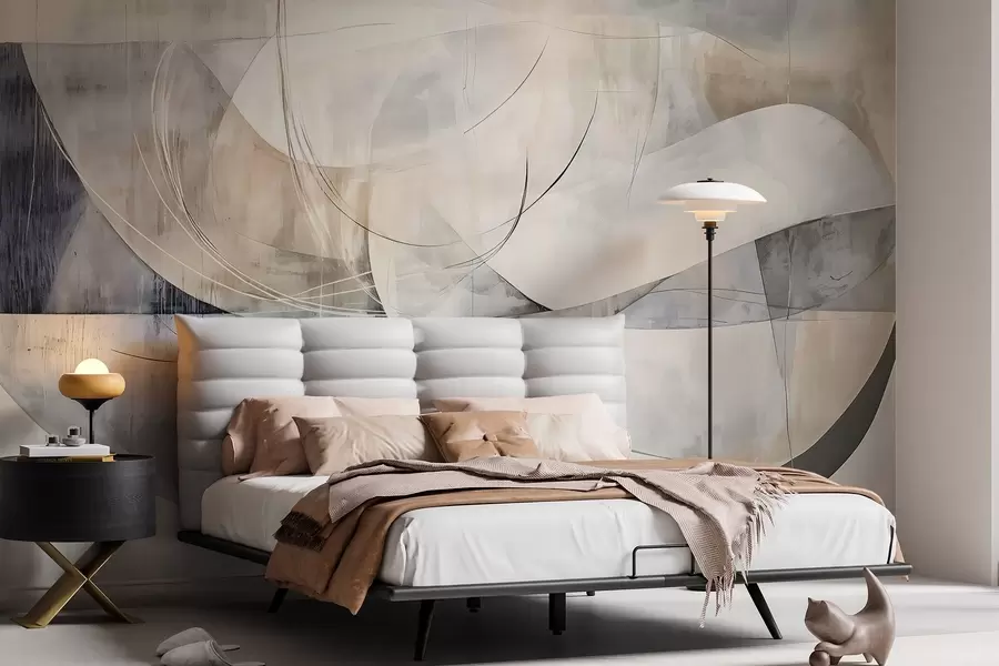 Fotobehang Abstracte vormen in wit, grijs, beige en blauw tegen een vage achtergrond met textuur w08461