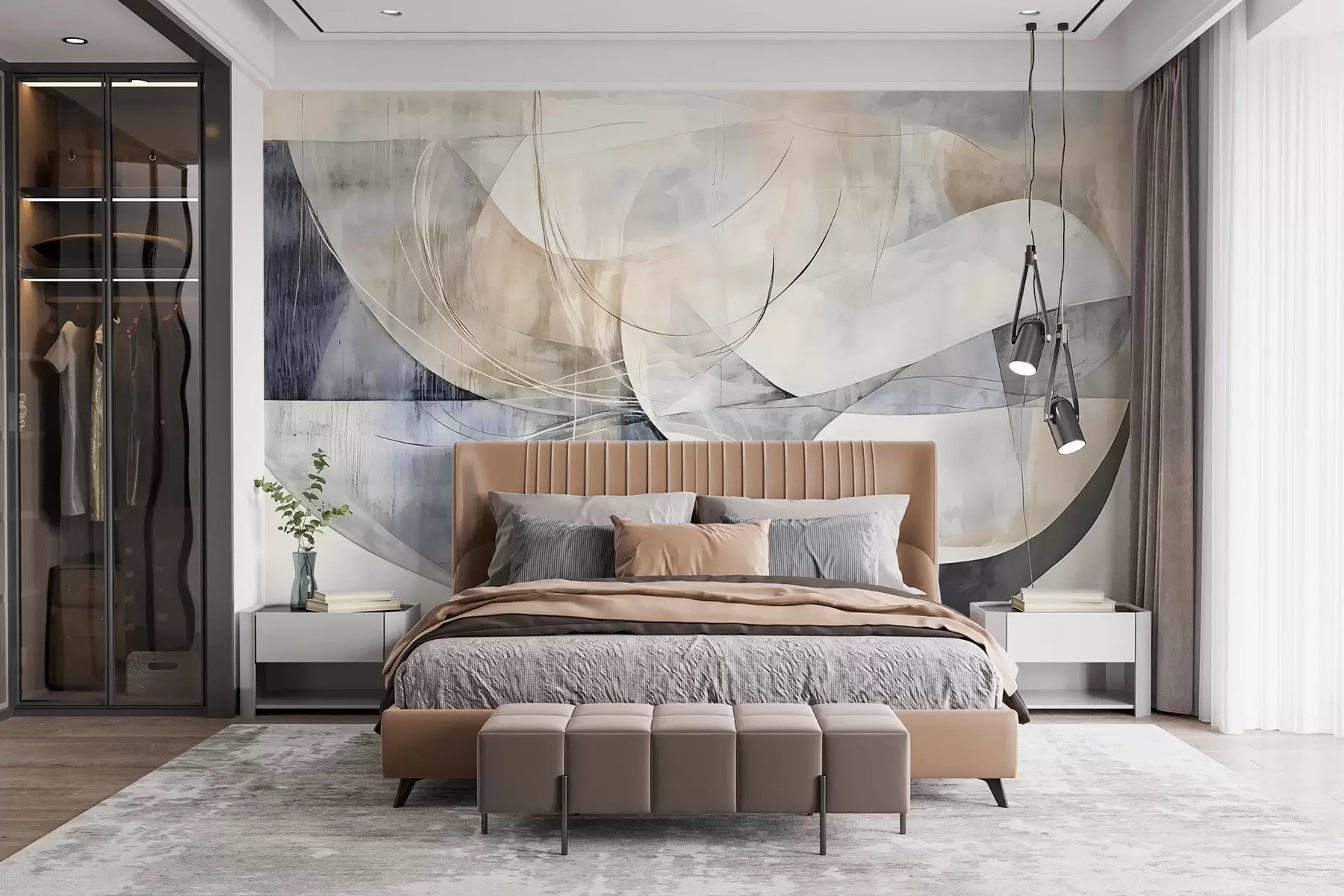 Fotobehang Abstracte vormen in wit, grijs, beige en blauw tegen een vage achtergrond met textuur w08461