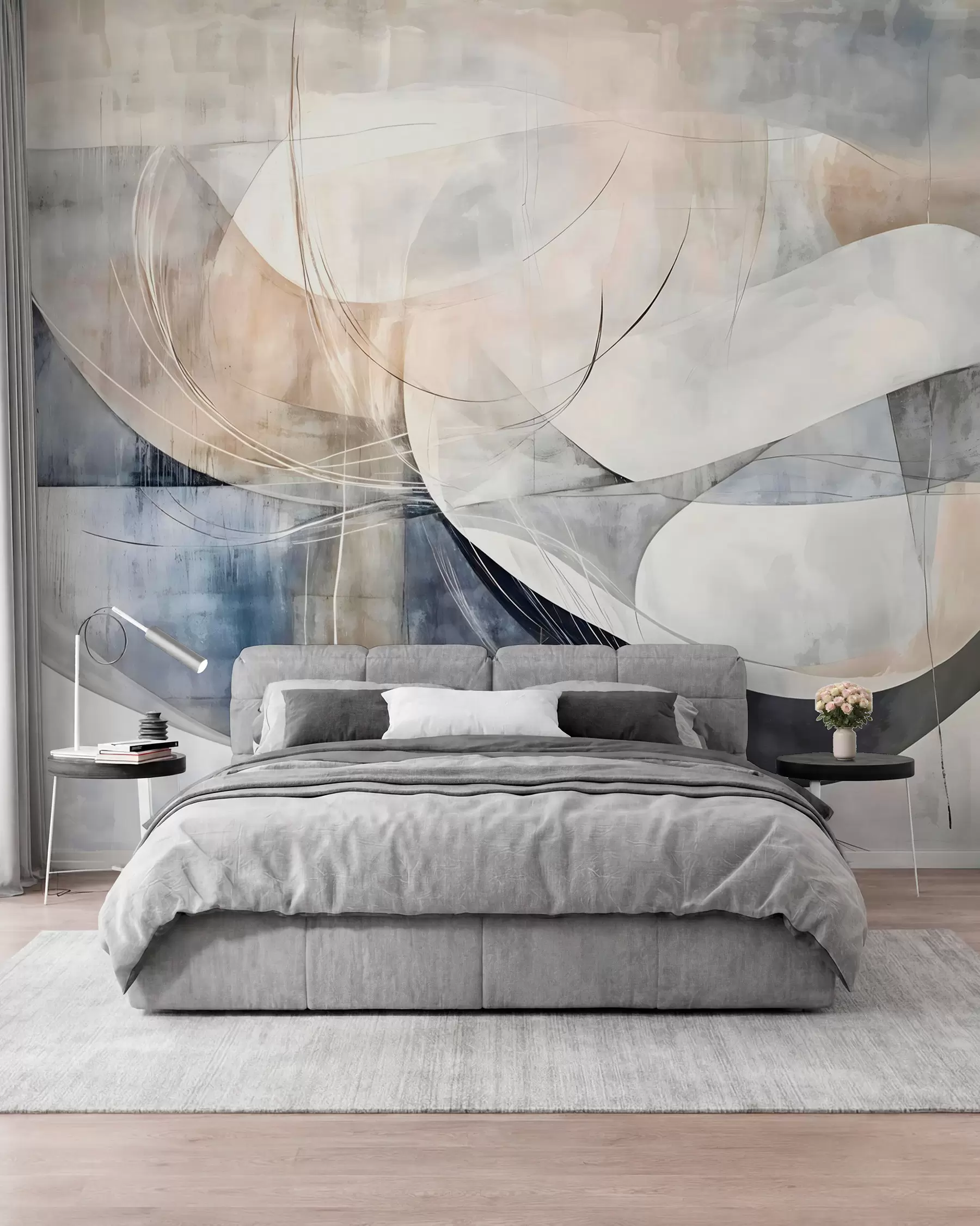 Fotobehang Abstracte vormen in wit, grijs, beige en blauw tegen een vage achtergrond met textuur w08461