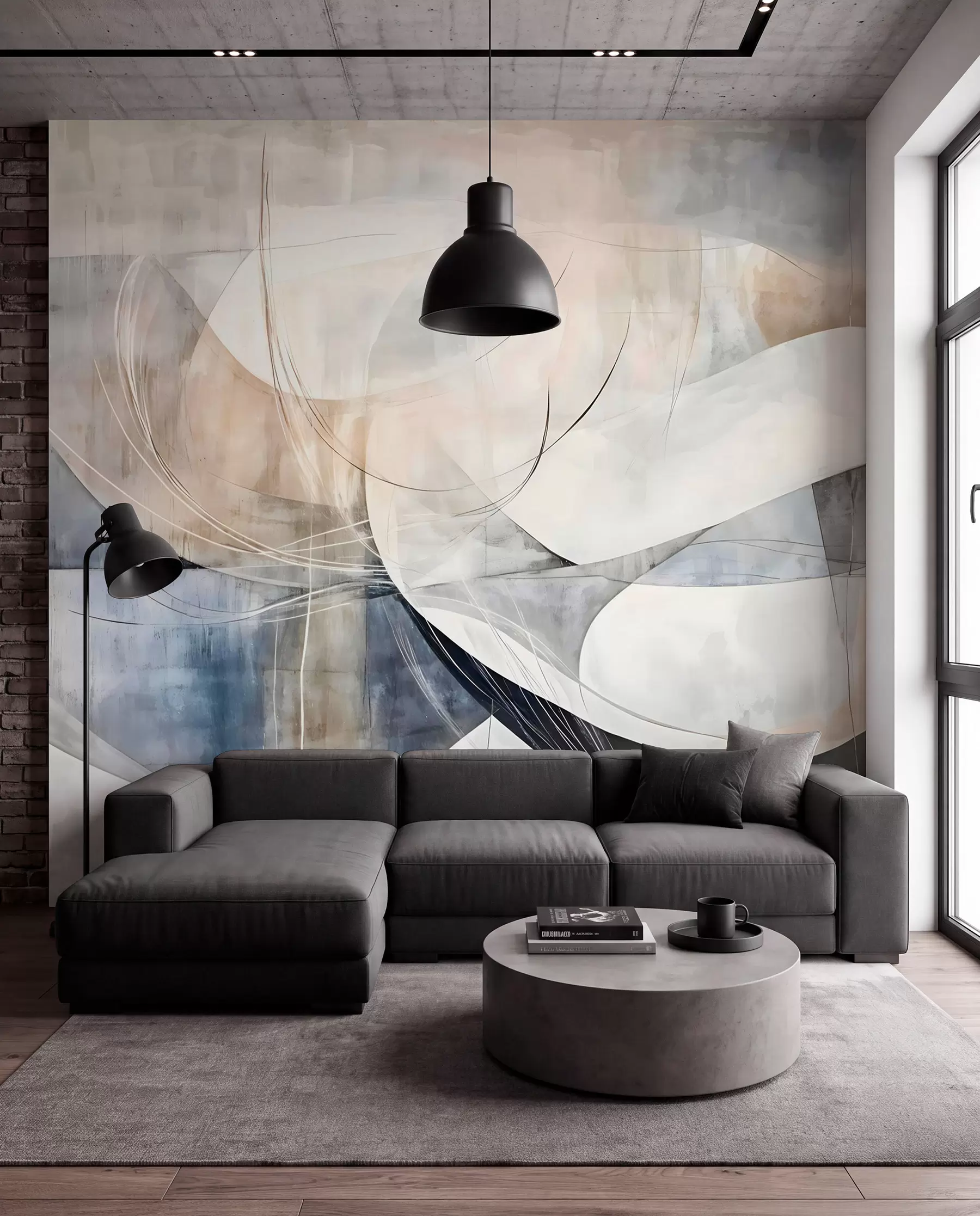 Fotobehang Abstracte vormen in wit, grijs, beige en blauw tegen een vage achtergrond met textuur w08461