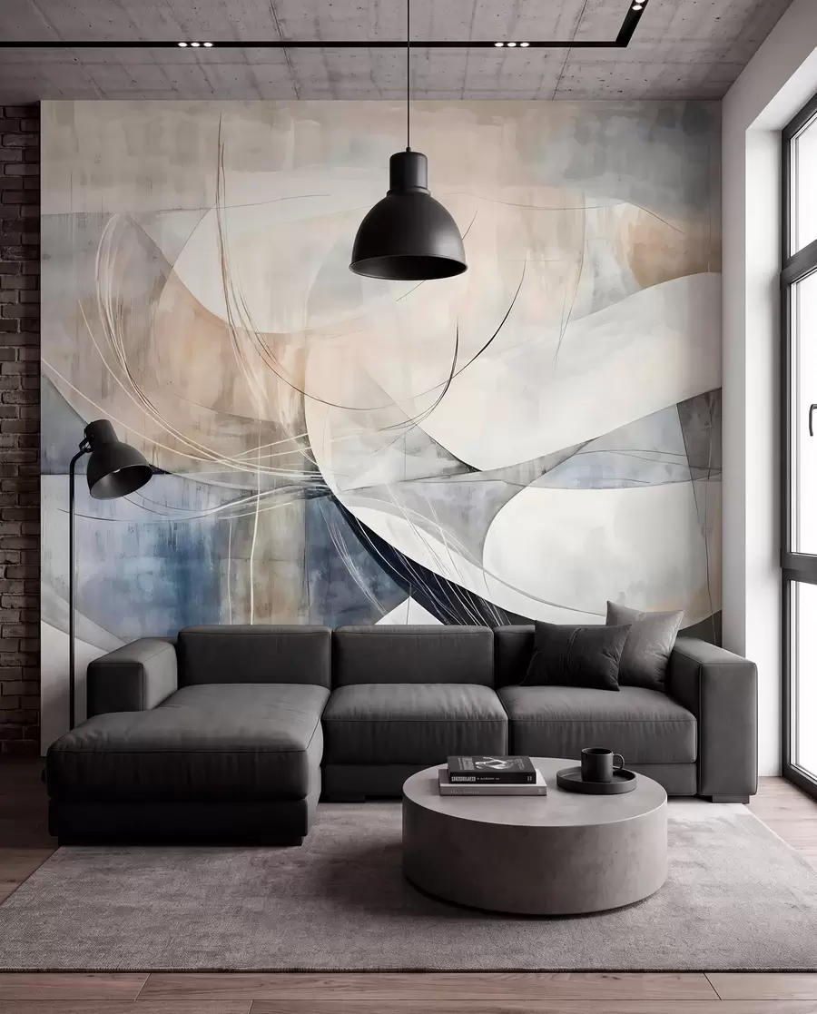 Fotobehang Abstracte vormen in wit, grijs, beige en blauw tegen een vage achtergrond met textuur w08461