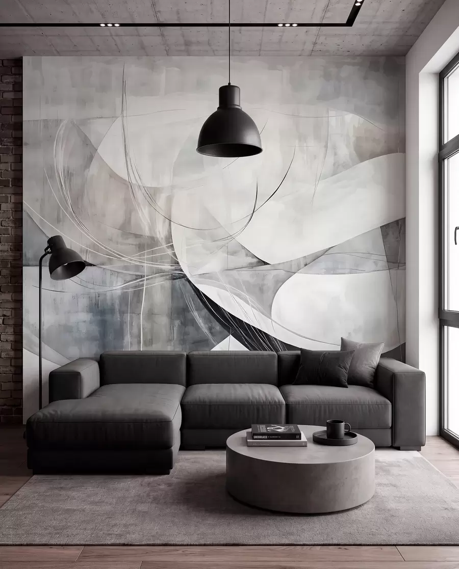 Fotobehang Abstracte vormen in witte, grijze en zwarte tinten tegen een onscherpe achtergrond met structuur w08461v1
