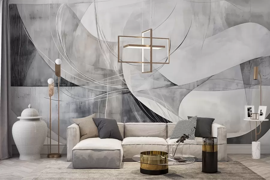 Fotobehang Abstracte vormen in witte, grijze en zwarte tinten tegen een onscherpe achtergrond met structuur w08461v1