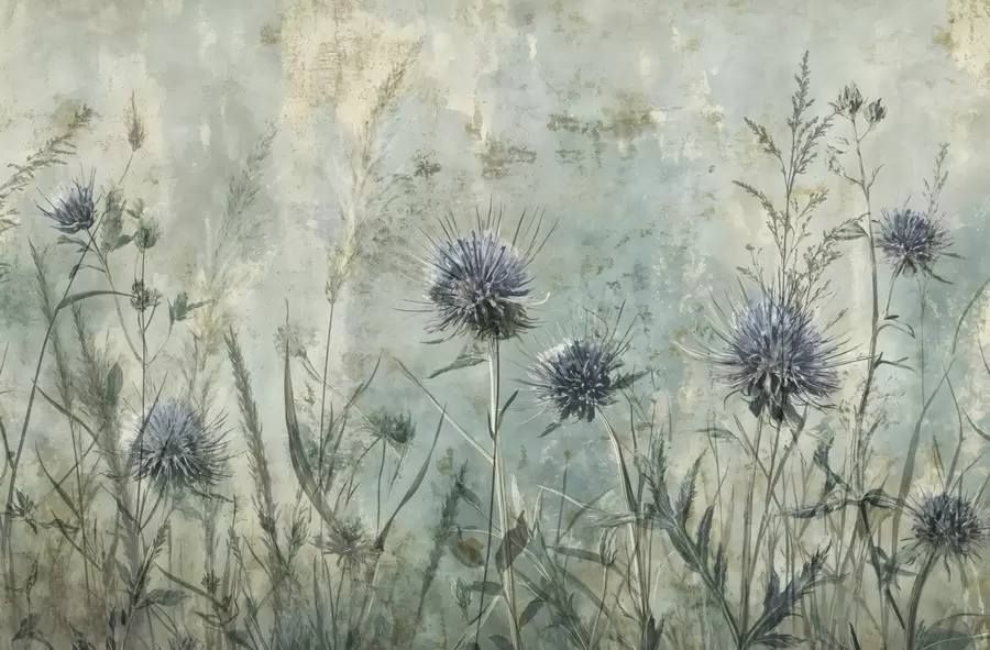 Papier peint photo Un champ de fleurs de chardons violets avec des fleurs et du feuillage flous sur un arrière-plan texturé vintage w08463