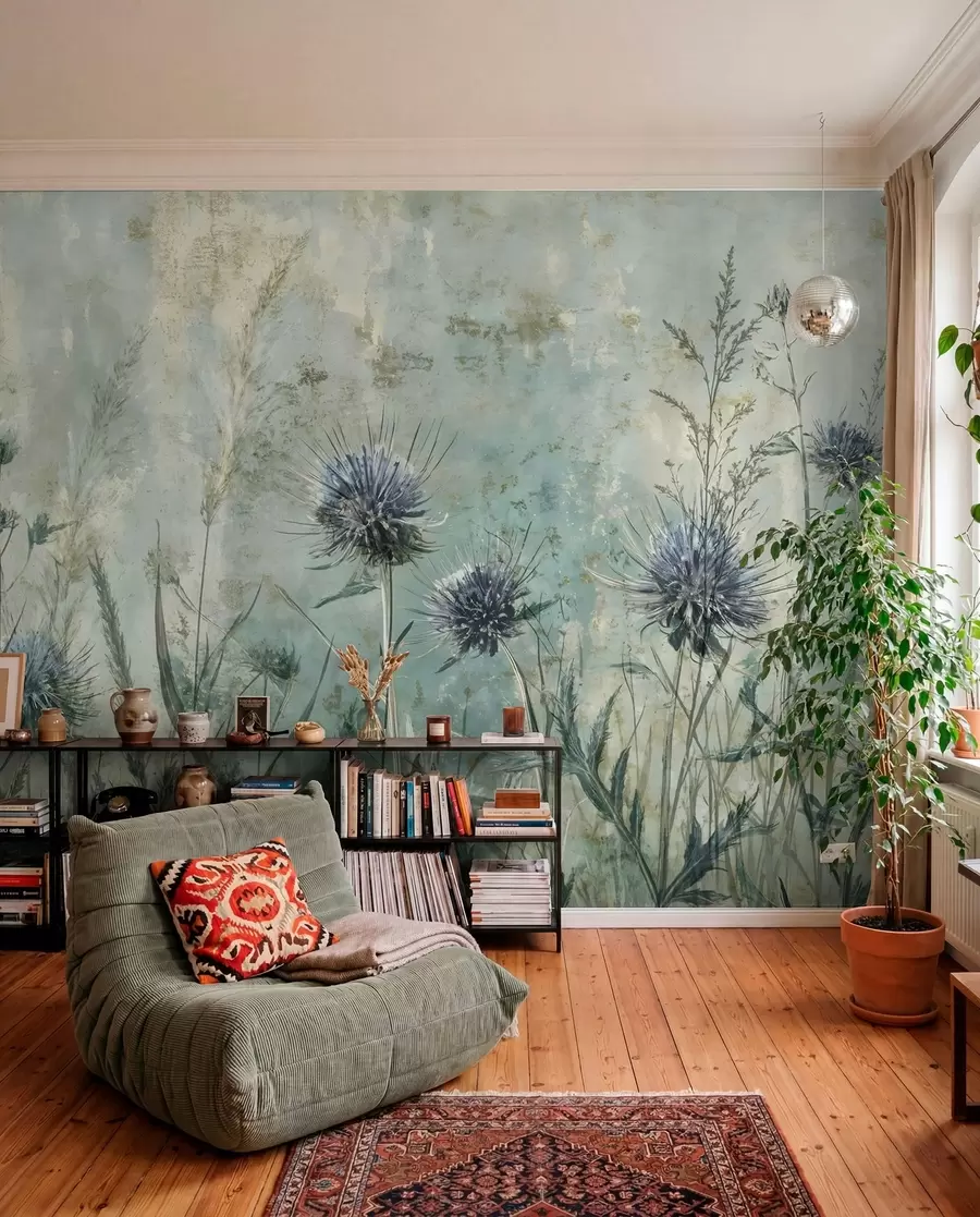 Fotobehang Een veld met paarse distelbloemen met onscherpe bloemen en gebladerte in de vintage textuurachtergrond w08463