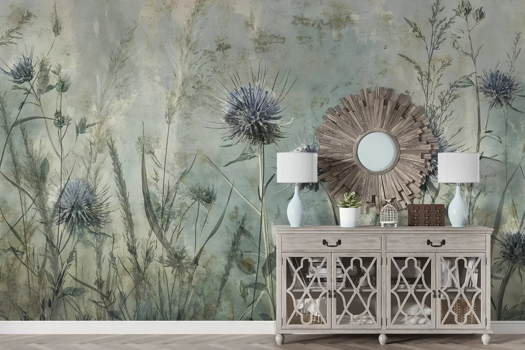 Fotobehang Een veld met paarse distelbloemen met onscherpe bloemen en gebladerte in de vintage textuurachtergrond w08463