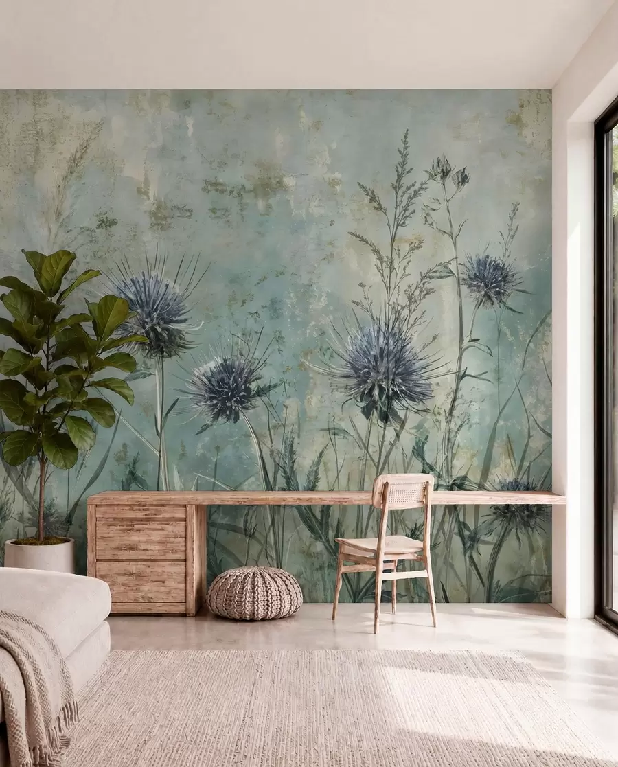 Fotobehang Een veld met paarse distelbloemen met onscherpe bloemen en gebladerte in de vintage textuurachtergrond w08463