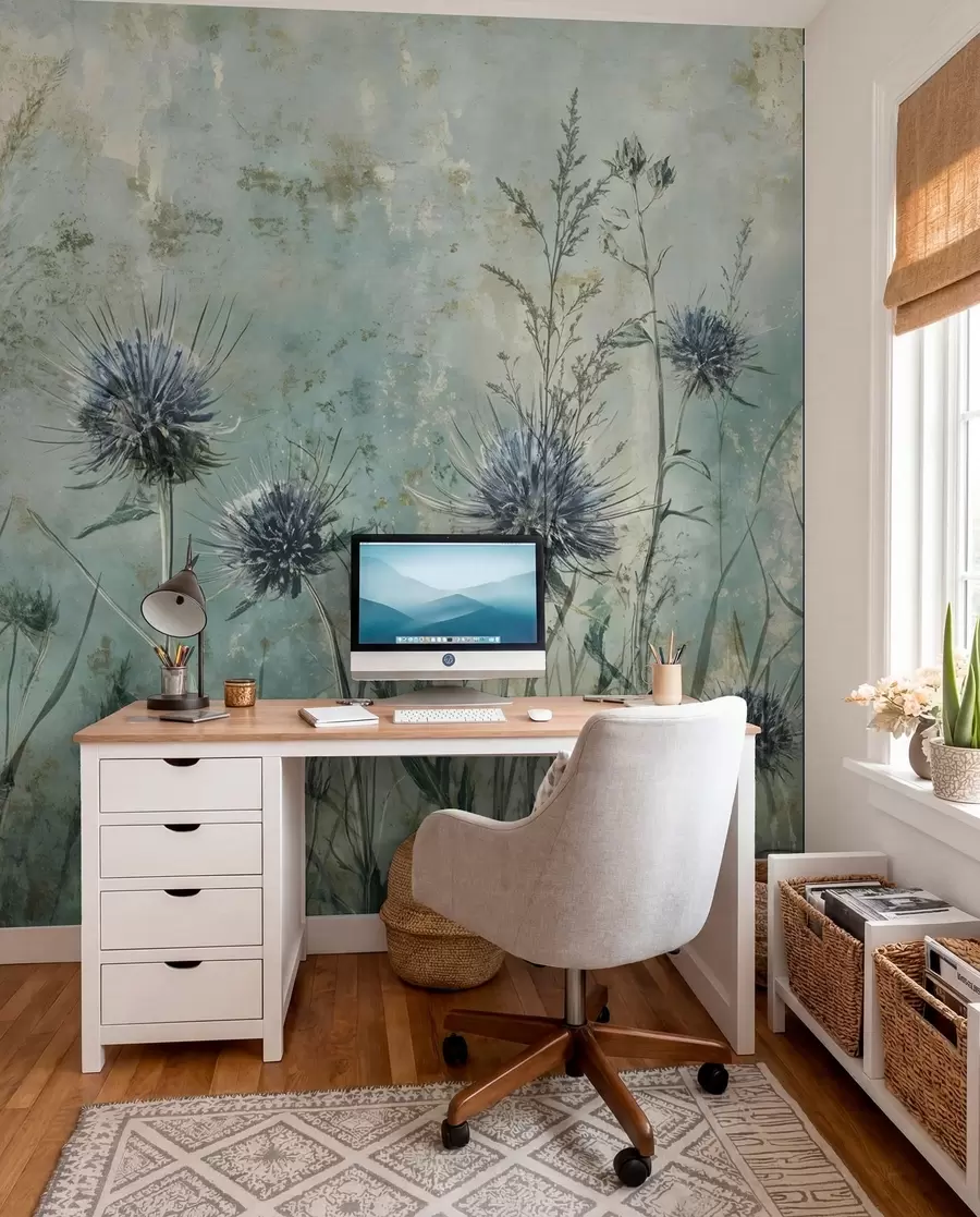 Fotobehang Een veld met paarse distelbloemen met onscherpe bloemen en gebladerte in de vintage textuurachtergrond w08463