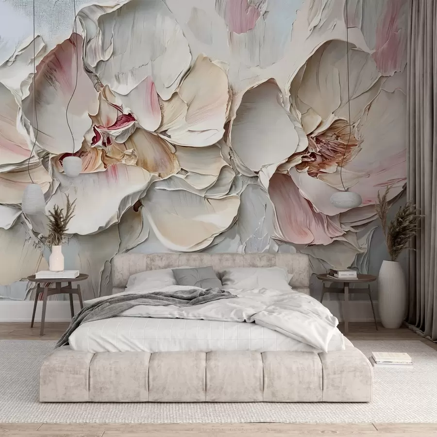Fotobehang Delicate, lichtroze bloemen met zachte, gelaagde bloemblaadjes op een gedempte, getextureerde achtergrond impasto olieverfschilderij imitatie w08467