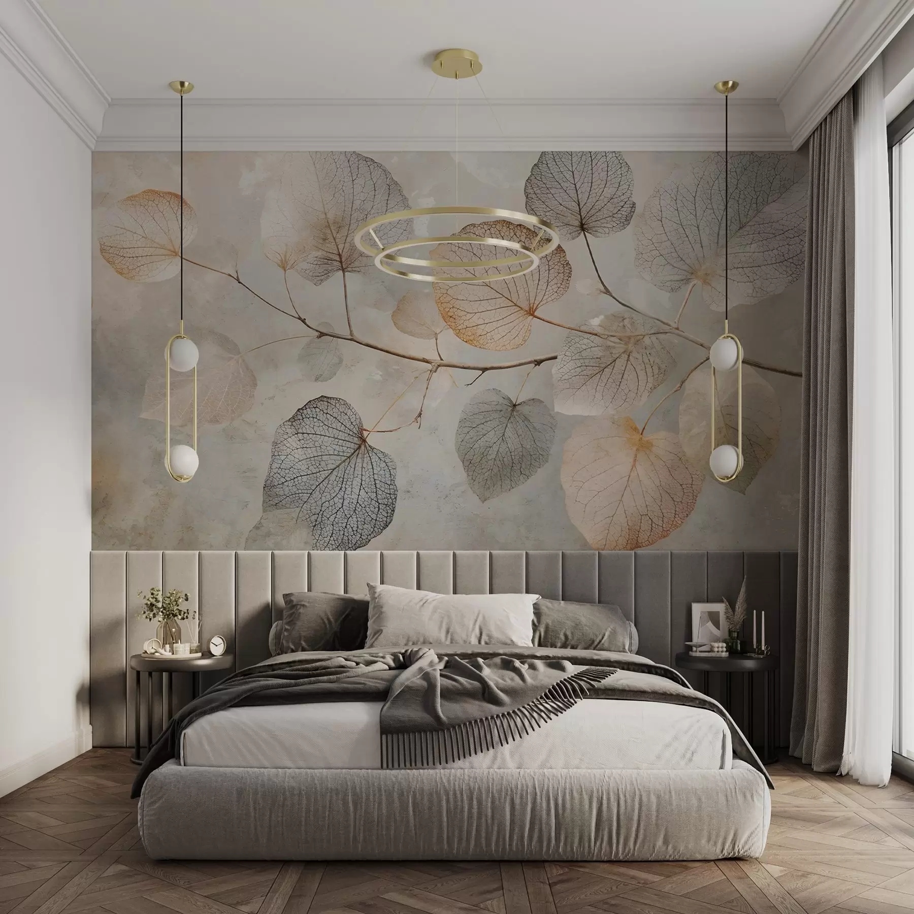 Fotobehang Delicate blaadjes met ingewikkelde nerven en zachte, gedempte kleuren tegen een bleke achtergrond met textuur w08469