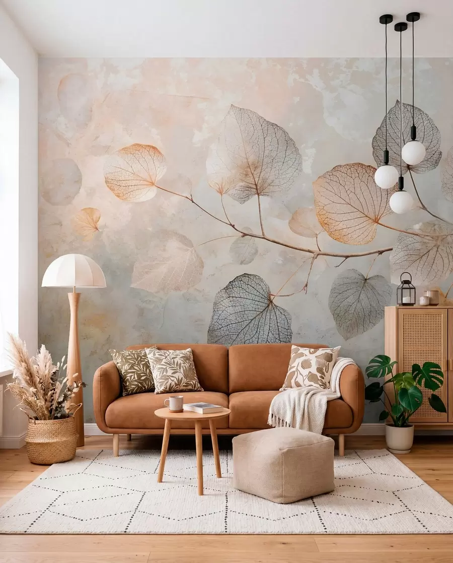 Fotobehang Delicate blaadjes met ingewikkelde nerven en zachte, gedempte kleuren tegen een bleke achtergrond met textuur w08469