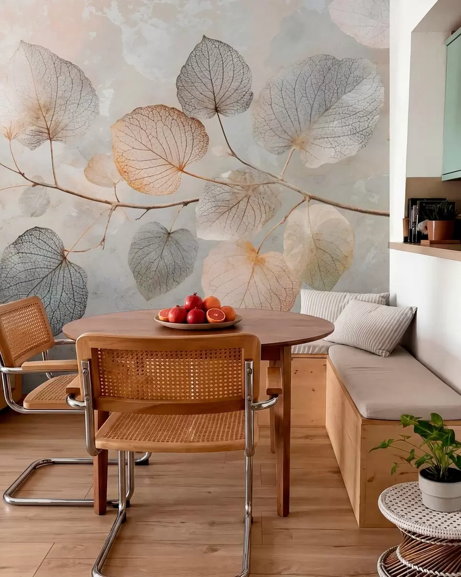 Papier peint photo Feuilles délicates aux nervures complexes et aux couleurs douces et sourdes sur un fond texturé pâle w08469