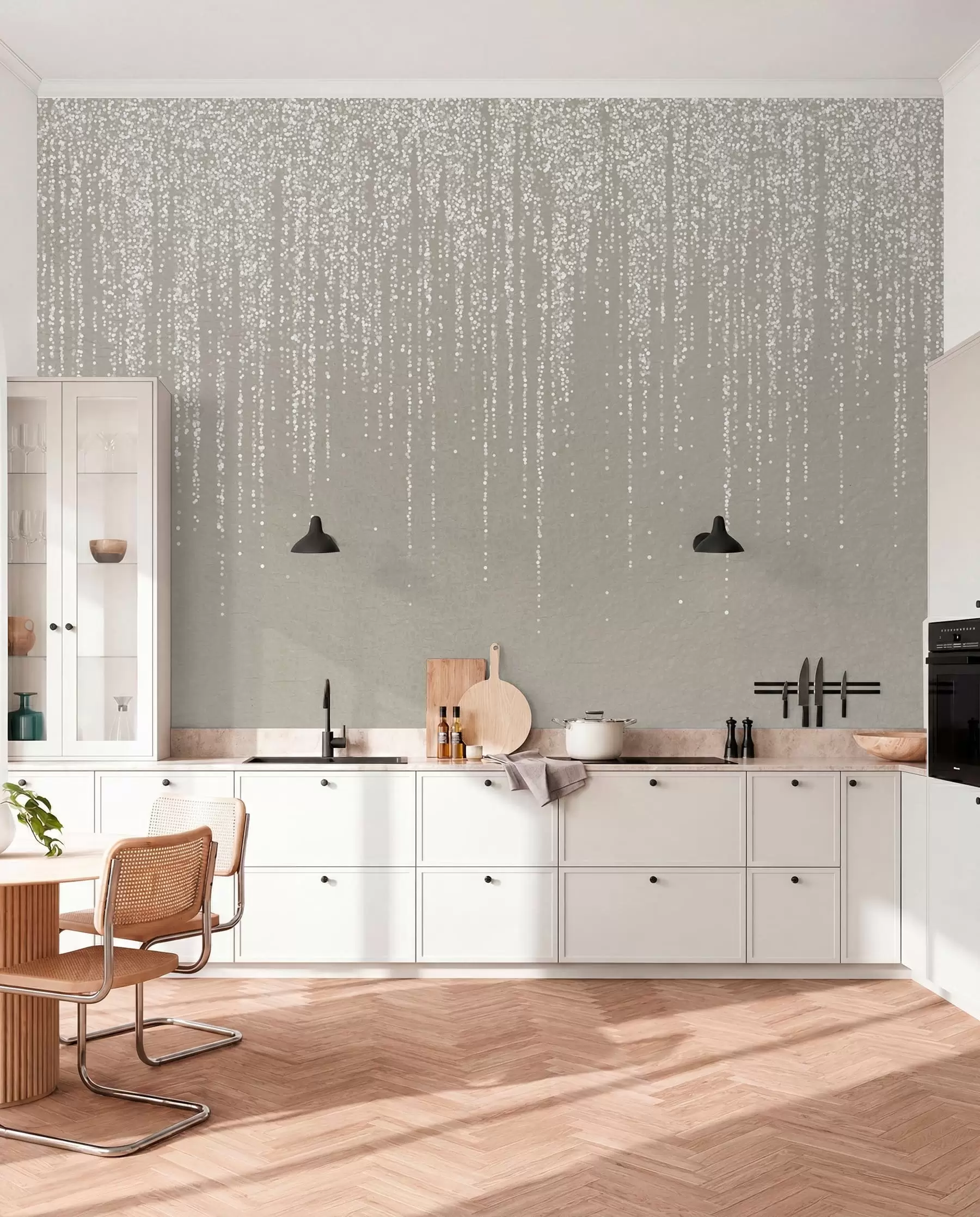 Fotobehang Een verticale, elegante print van gestippelde slingers op een beige achtergrond met structuur, die diepte en beweging creëert w08470