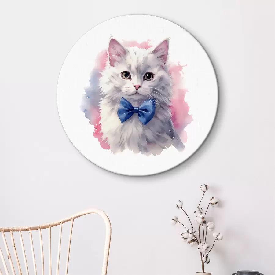  Schilderijen Witte pluizige kat met een blauwe strik in zijn nek, aquarel, dier, grijze, witte, roze, blauwe kleur r38479