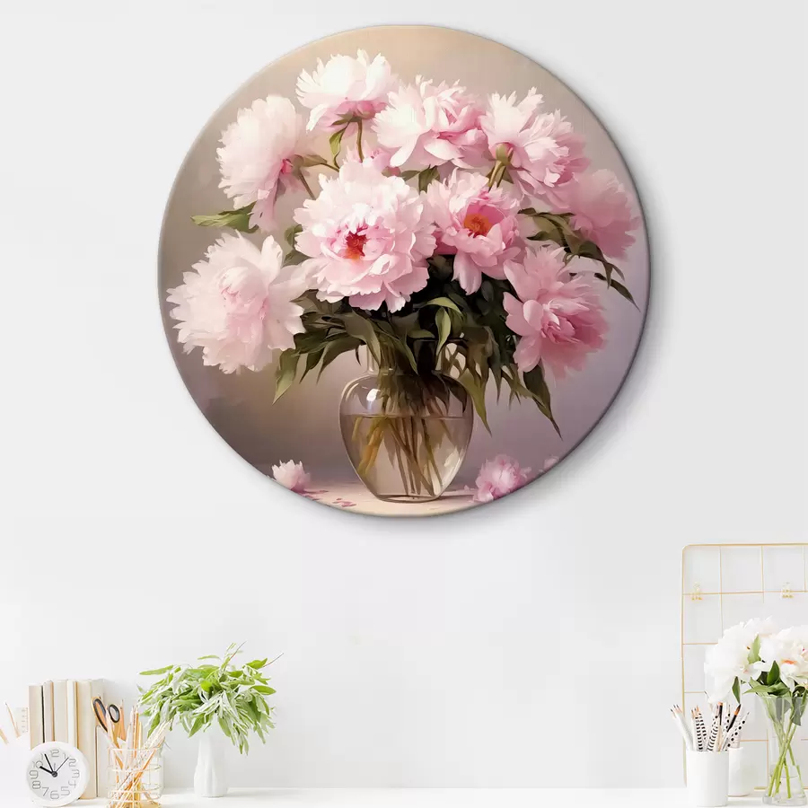 Fotobehang Roze pioenrozen in een glazen vaas op een zwarte achtergrond, imitatie olieverfschilderij, bloemen r38482