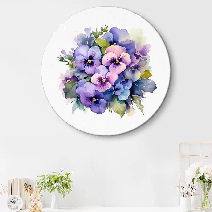 Papier peint photo Illustration aquarelle de violettes, bouquet, fleurs, bleu, violet, couleur verte r38486