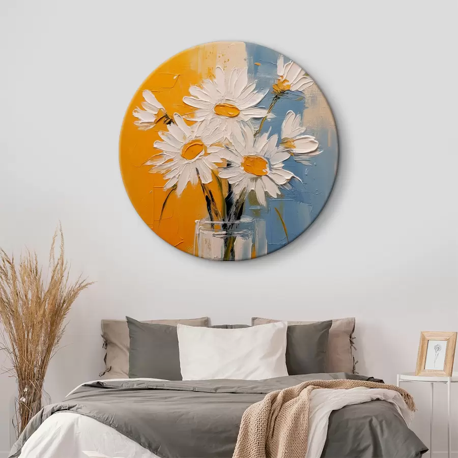  Peintures Marguerites blanches dans un vase en verre sur fond bleu et jaune, imitation de peinture à l'huile, grands traits r38907