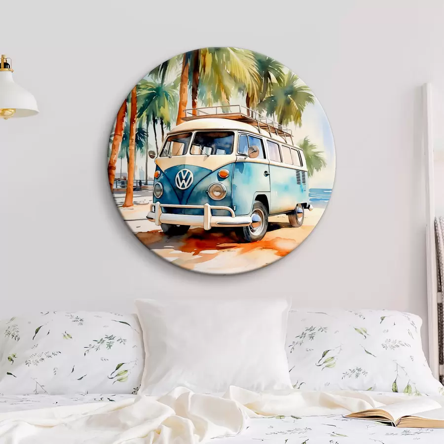  Schilderijen Een reisauto staat geparkeerd op het strand tegen een achtergrond van palmbomen aquarel r38911