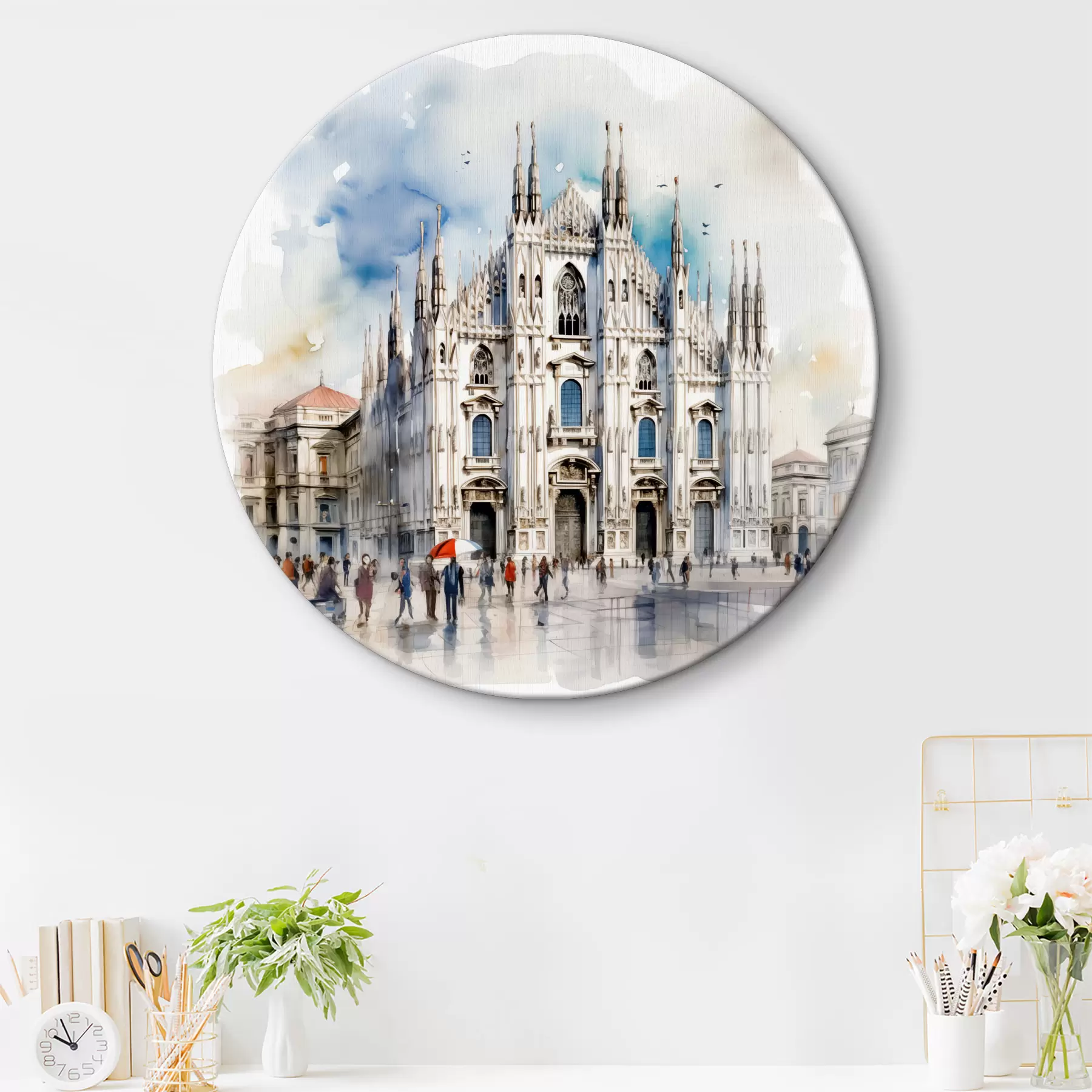  Schilderijen Duomo kathedraal in Milaan, architectuur, stad, regen, aquarel, blauw, grijs, mensen lopen r38938
